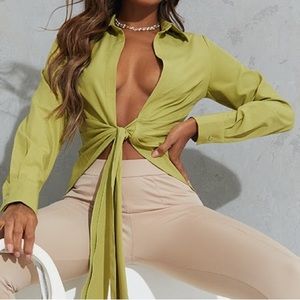 PLT Green Plunge Tie Blouse